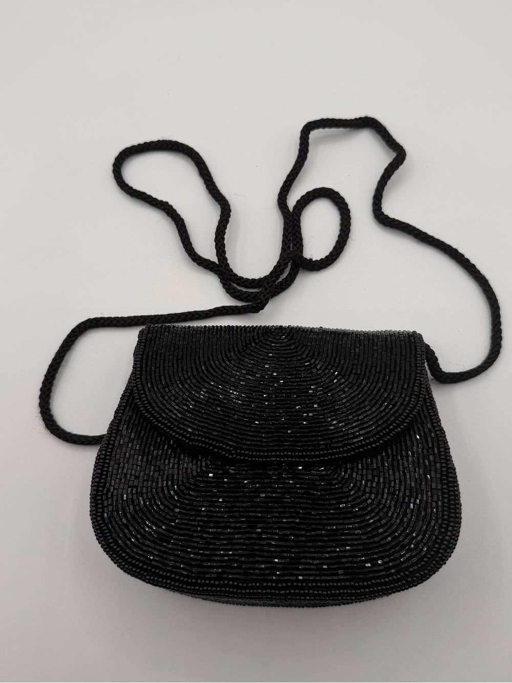 Black Beaded Crossbody Bag with Braided Strap